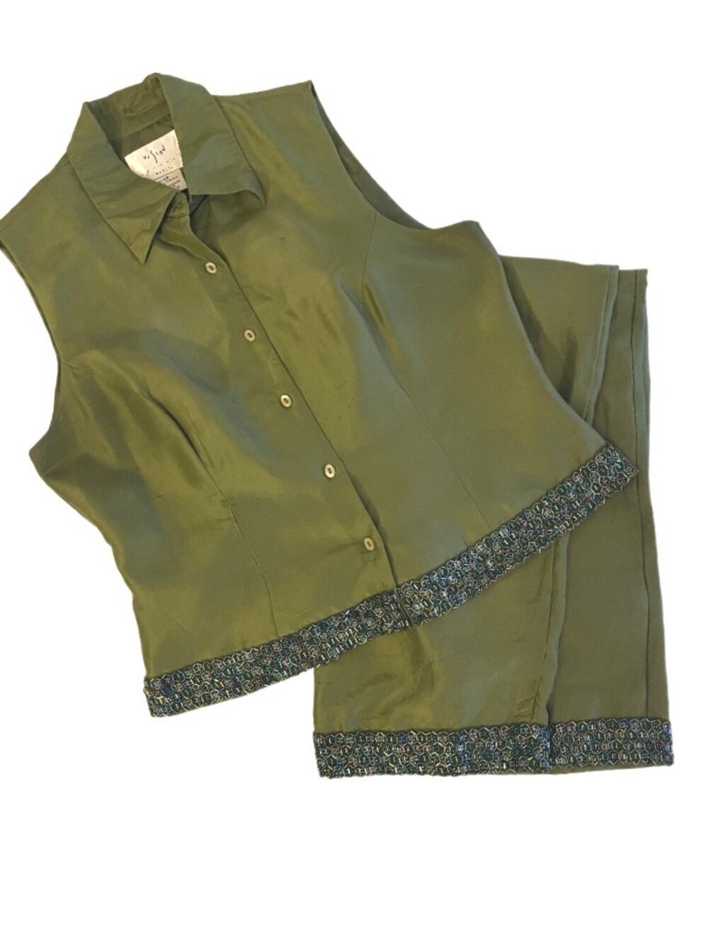 Vision Apparel Olive Green Cropped Pants/Top Embellished Set 100% Silk Size 10P